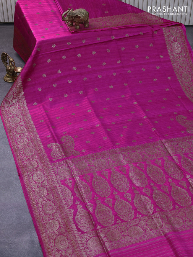 Banarasi handloom dupion silk saree magenta pink with thread & zari woven buttas and floral design woven border