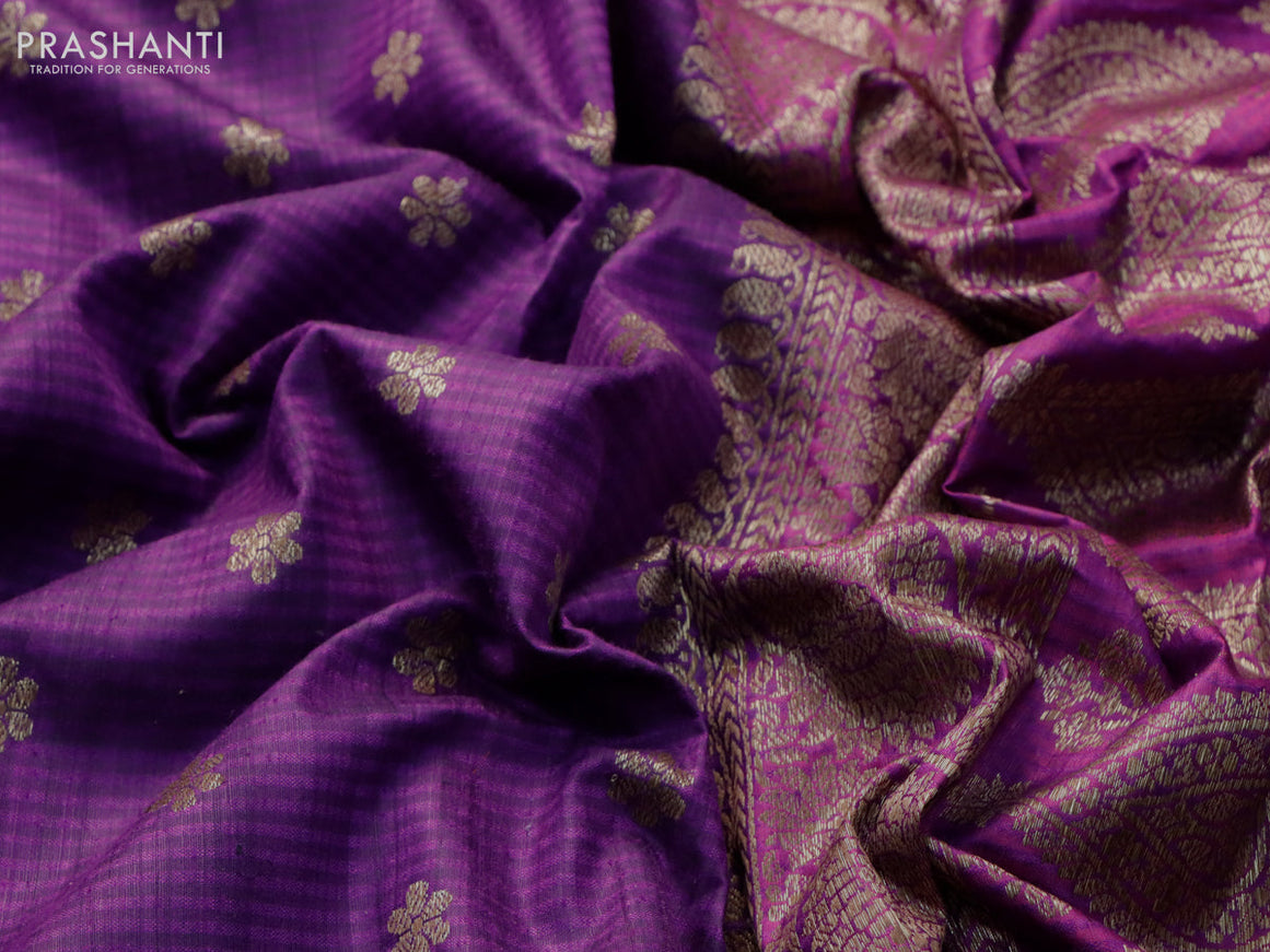 Banarasi handloom dupion silk saree violet and purple with thread & zari woven buttas and floral design woven border
