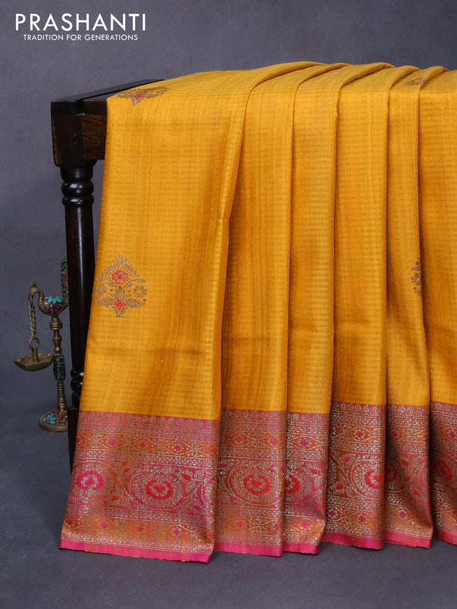 Banarasi handloom dupion silk saree mango yellow and pink with thread & zari woven buttas and floral design woven border