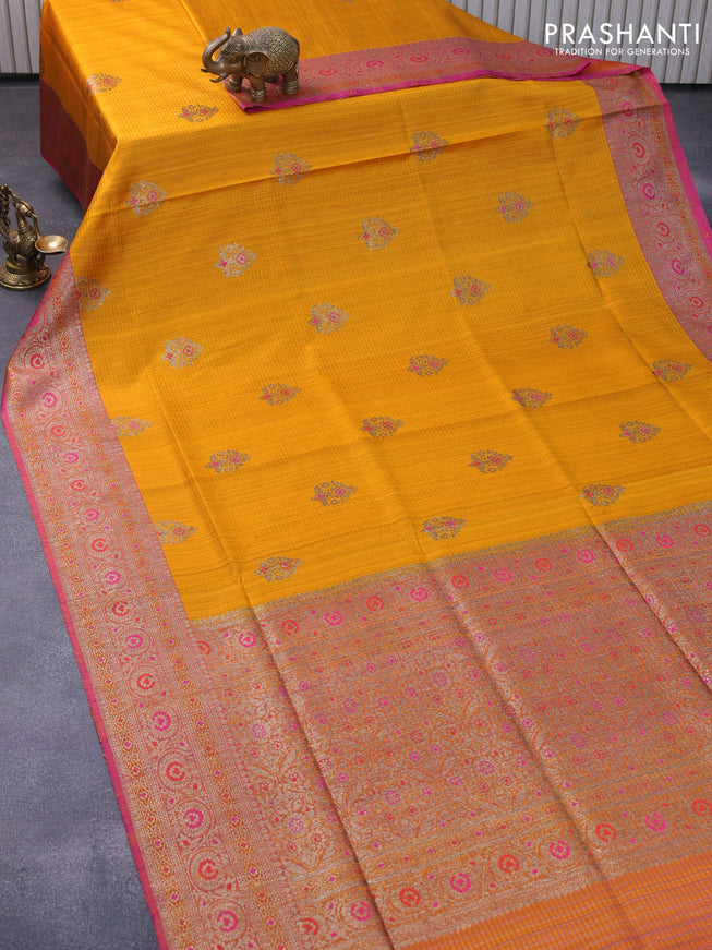 Banarasi handloom dupion silk saree mango yellow and pink with thread & zari woven buttas and floral design woven border