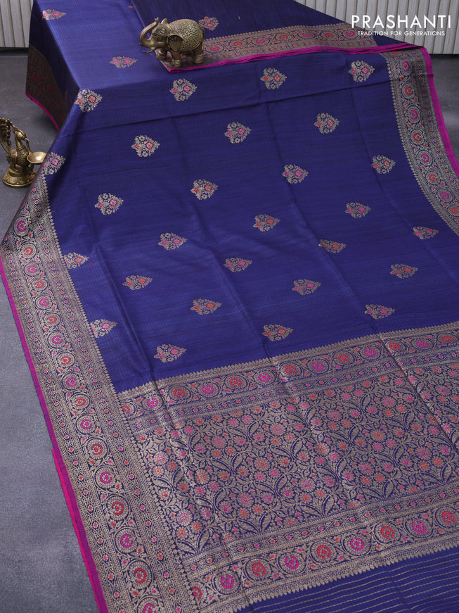 Banarasi handloom dupion silk saree navy blue and magenta pink with thread & zari woven buttas and floral design woven border