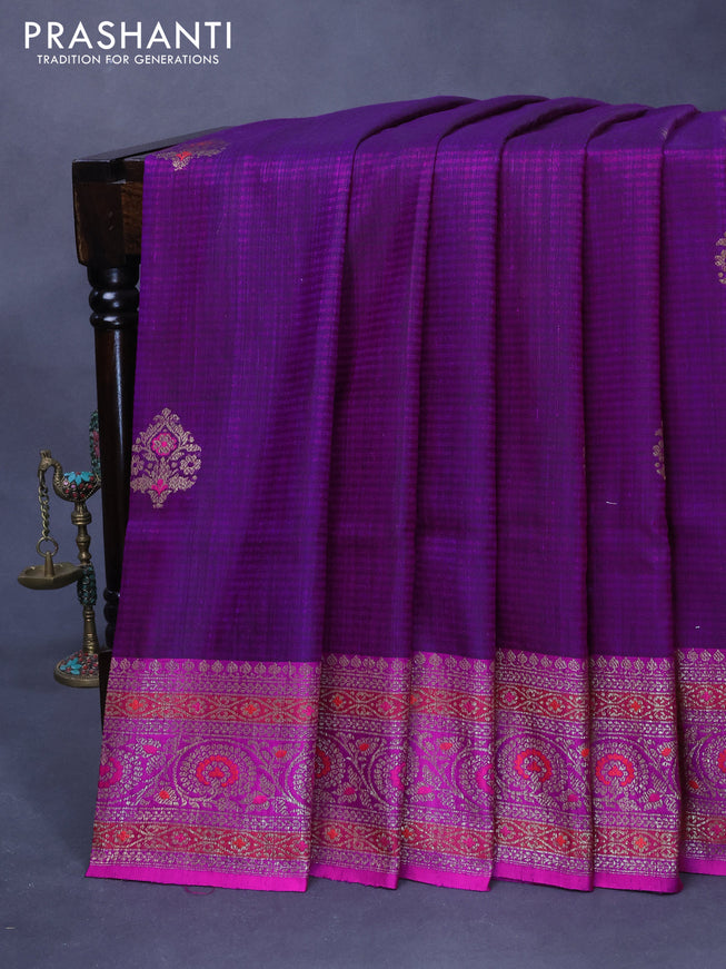 Banarasi handloom dupion silk saree purple and magenta pink with thread & zari woven buttas and floral design woven border