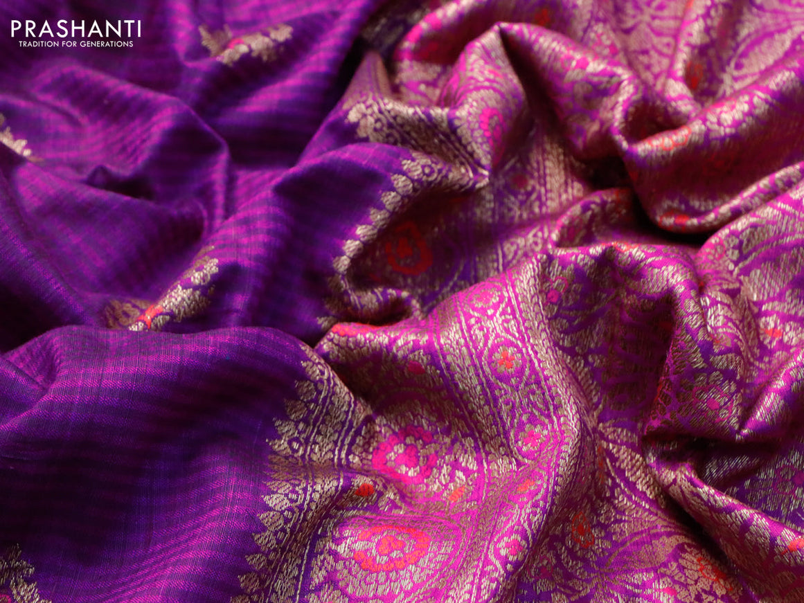 Banarasi handloom dupion silk saree purple and magenta pink with thread & zari woven buttas and floral design woven border