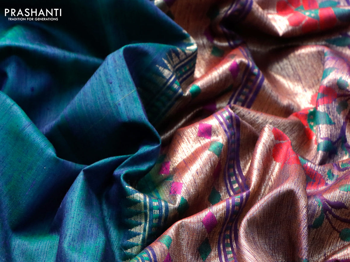Banarasi handloom dupion silk saree dual shade of greenish blue and dual shade of maroon with zari woven cion buttas and zari woven floral design paithani border
