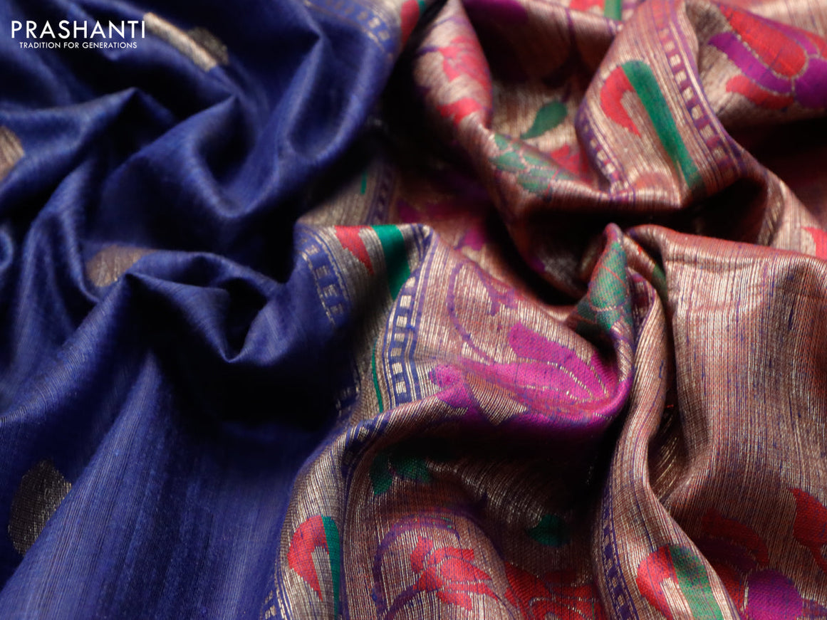 Banarasi handloom dupion silk saree navy blue and dual shade of bluish maroon with zari woven cion buttas and zari woven muniya border