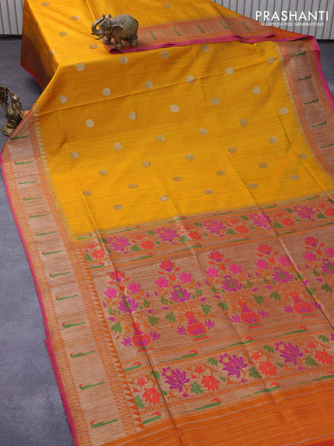 Banarasi handloom dupion silk saree mango yellow and magenta pink with zari woven cion buttas and zari woven muniya border