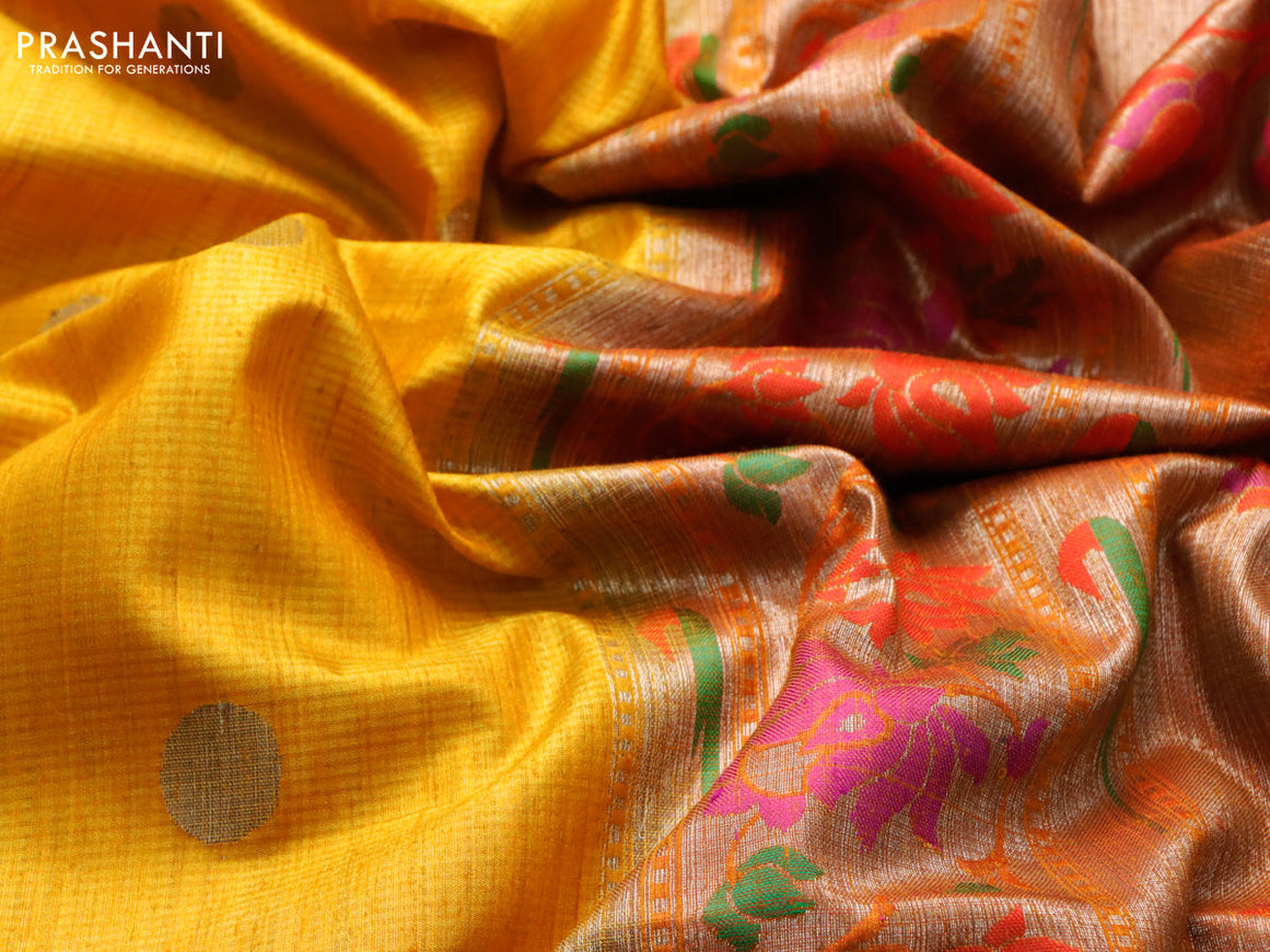 Banarasi handloom dupion silk saree mango yellow and magenta pink with zari woven cion buttas and zari woven muniya border
