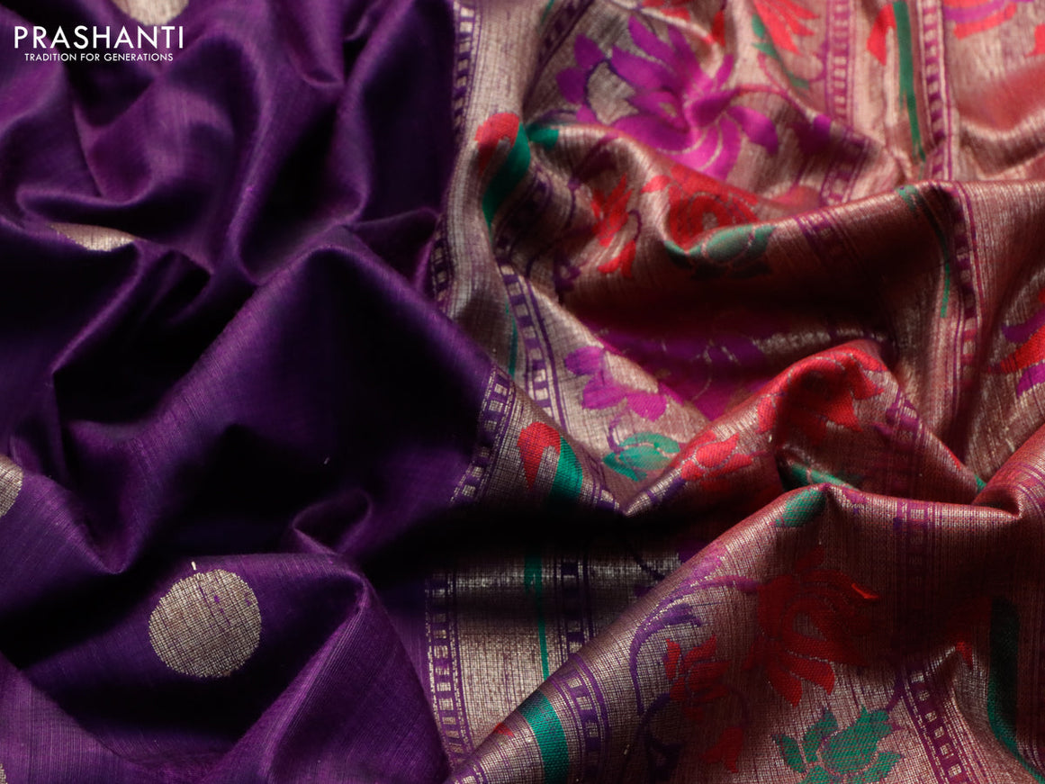 Banarasi handloom dupion silk saree deep violet and dual shade of purple with zari woven cion buttas and zari woven muniya border