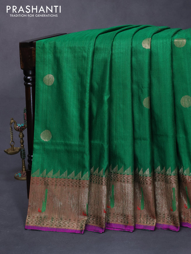 Banarasi handloom dupion silk saree green and purple with zari woven cion buttas and zari woven muniya border