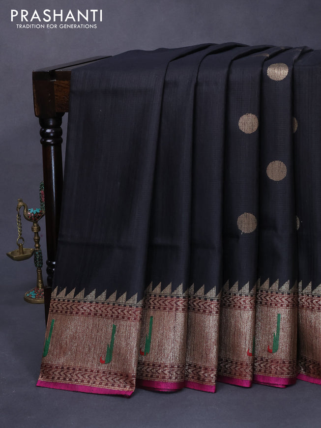 Banarasi handloom dupion silk saree black and maroon with zari woven cion buttas and zari woven muniya border