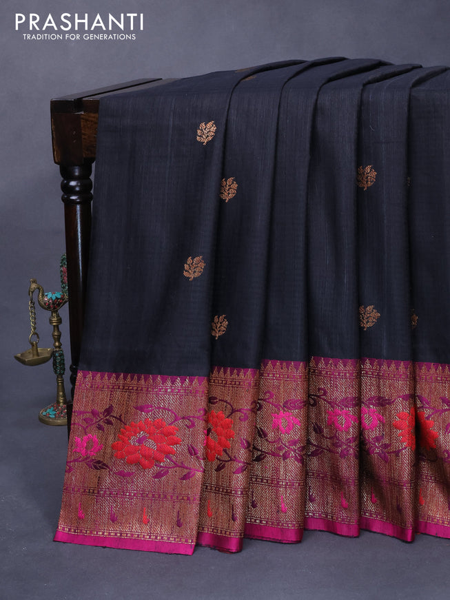 Banarasi handloom dupion silk saree black and purple with thread & zari woven buttas and zari woven floral design paithani border