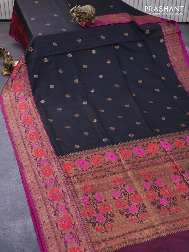 Banarasi handloom dupion silk saree black and purple with thread & zari woven buttas and zari woven floral design paithani border