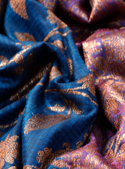 Banarasi handloom dupion silk saree peacock blue and dual shade of purple with allover thread & zari woven floral weaves and floral design woven border