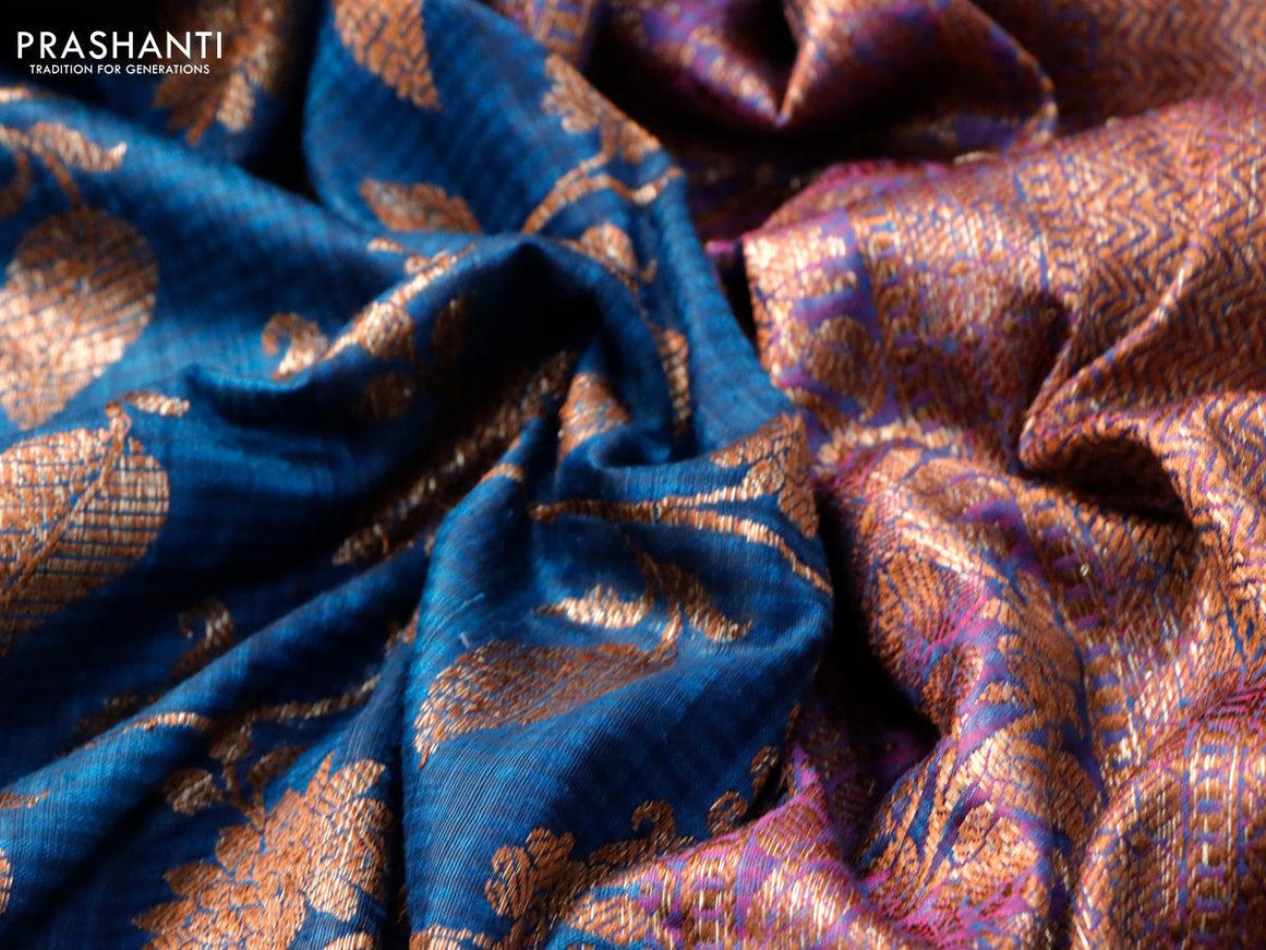 Banarasi handloom dupion silk saree peacock blue and dual shade of purple with allover thread & zari woven floral weaves and floral design woven border