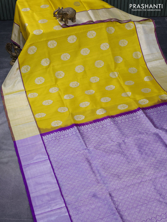 Venkatagiri silk saree lime yellow and violet with silver zari woven floral buttas and silver zari woven border