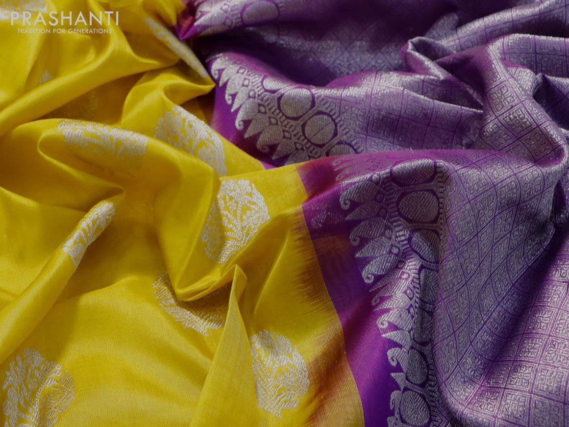 Venkatagiri silk saree lime yellow and violet with silver zari woven floral buttas and silver zari woven border