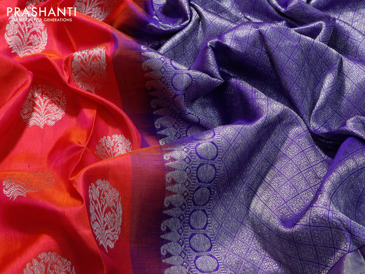 Venkatagiri silk saree dual shade of pinkish orange and blue with silver zari woven floral buttas and silver zari woven border