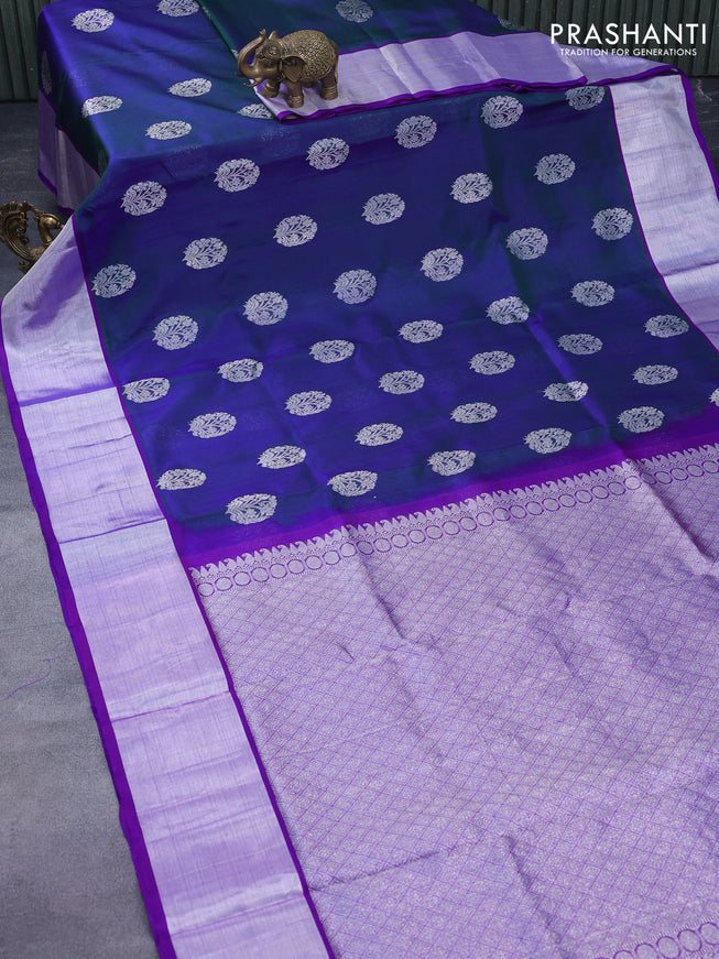 Venkatagiri silk saree dual shade of bluish green and violet with silver zari woven floral buttas and silver zari woven border