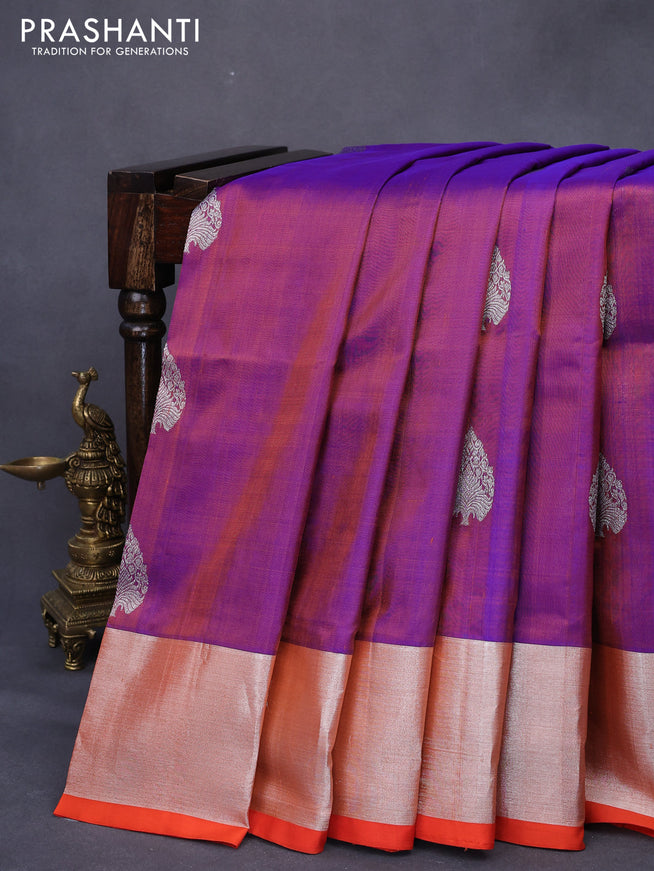 Venkatagiri silk saree dual shade of bluish orange and orange with silver zari woven buttas and silver zari woven border