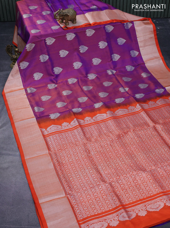 Venkatagiri silk saree dual shade of bluish orange and orange with silver zari woven buttas and silver zari woven border
