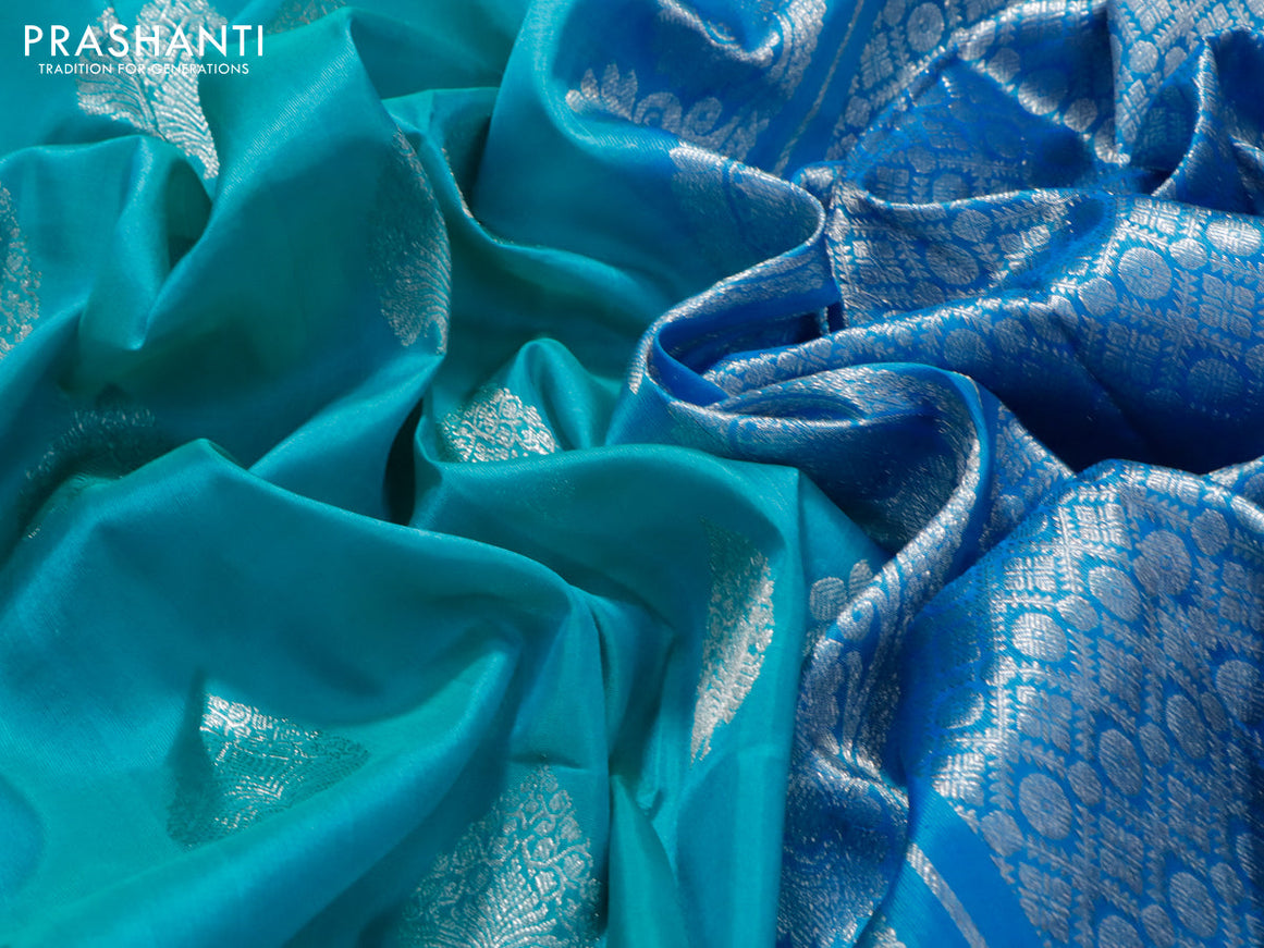 Venkatagiri silk saree teal blue and light blue with silver zari woven buttas and silver zari woven border