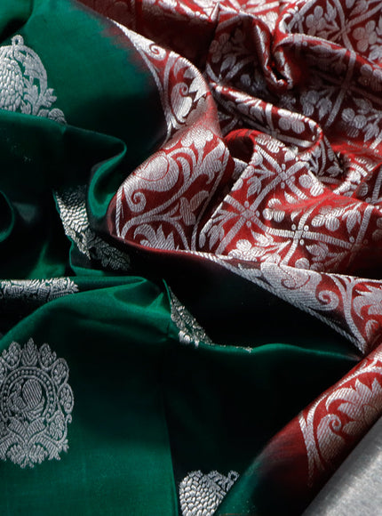 Venkatagiri silk saree dark green and maroon with silver zari woven buttas and silver zari woven border