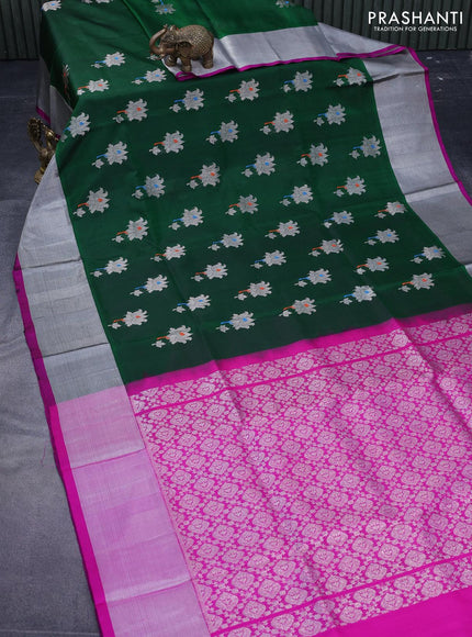 Venkatagiri silk saree green and purple with thread & silver zari woven floral buttas and silver zari woven border