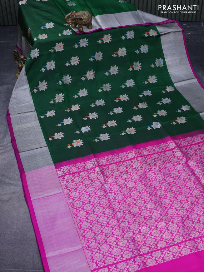 Venkatagiri silk saree green and purple with thread & silver zari woven floral buttas and silver zari woven border