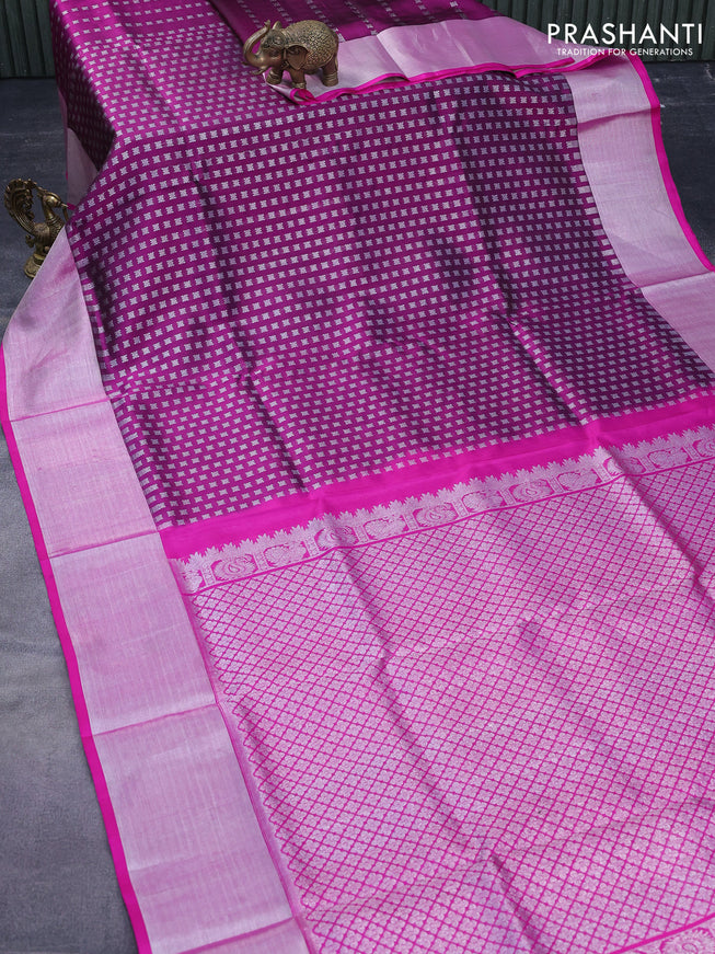 Venkatagiri silk saree dark purple and pink with allover silver zari woven butta weaves and silver zari woven border