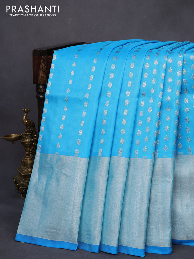 Venkatagiri silk saree light blue and cs blue with allover silver zari woven butta weaves and long silver zari woven border