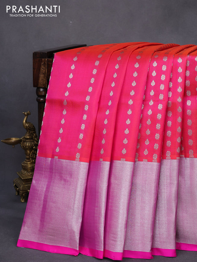 Venkatagiri silk saree dual shade of pinkish orange and pink with allover silver zari woven butta weaves and long silver zari woven border