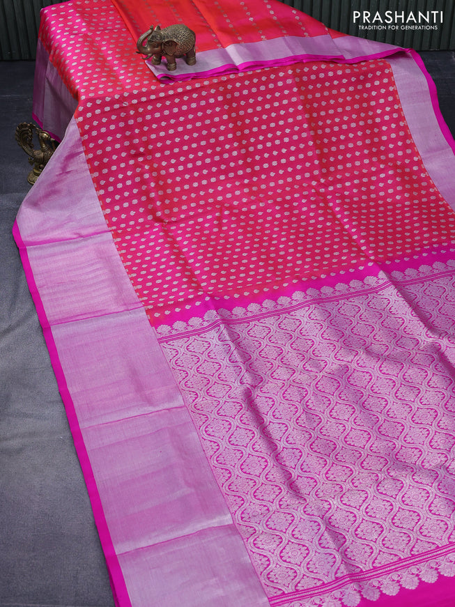 Venkatagiri silk saree dual shade of pinkish orange and pink with allover silver zari woven butta weaves and long silver zari woven border
