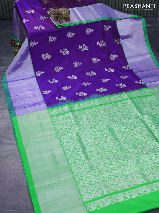 Venkatagiri silk saree dual shade of bluish maroon and parrot green with silver zari woven floral buttas and long silver zari woven border
