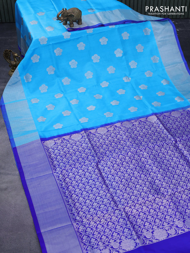 Venkatagiri silk saree light blue and blue with silver zari woven floral buttas and silver zari woven border