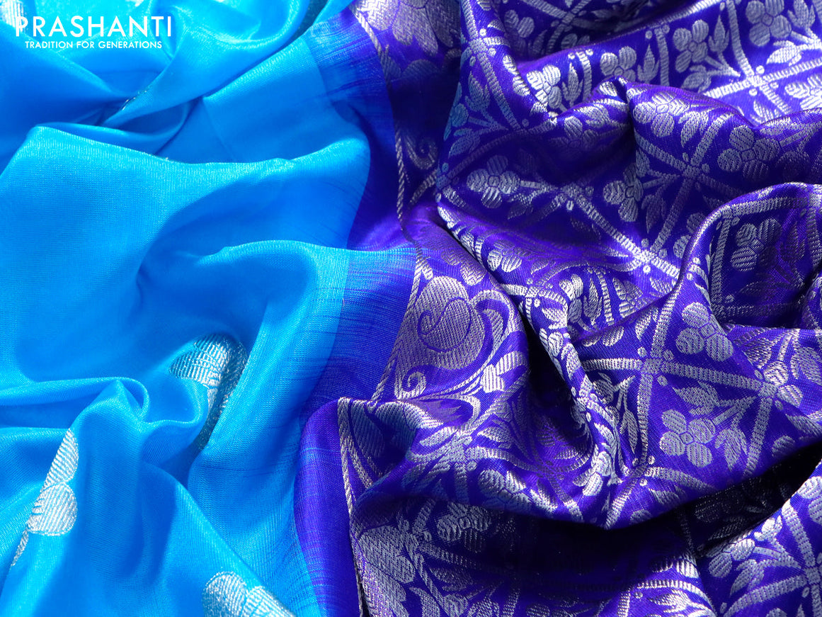 Venkatagiri silk saree light blue and blue with silver zari woven floral buttas and silver zari woven border