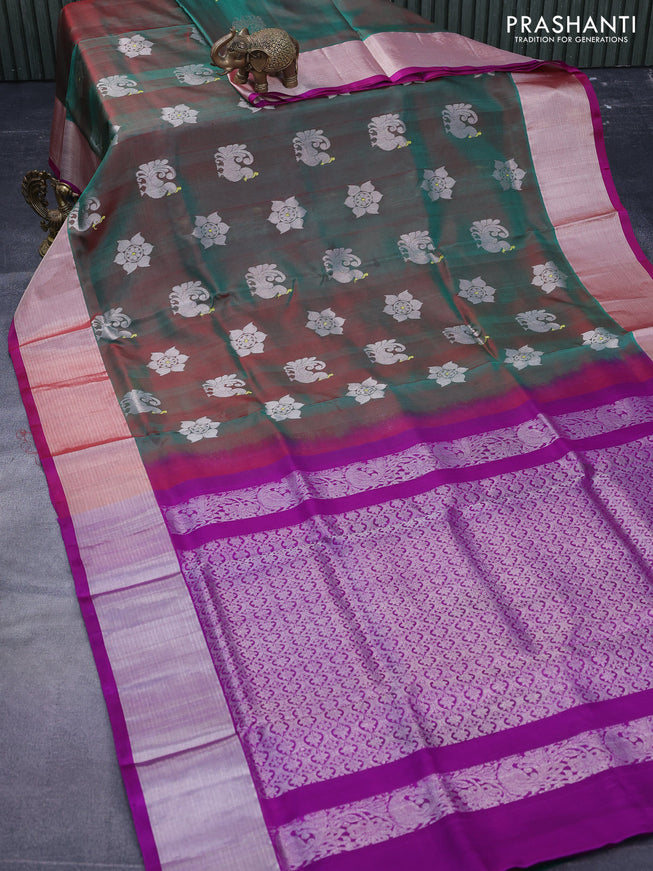 Venkatagiri silk saree dual shade of greenish maroon and purple with silver zari woven buttas and silver zari woven border