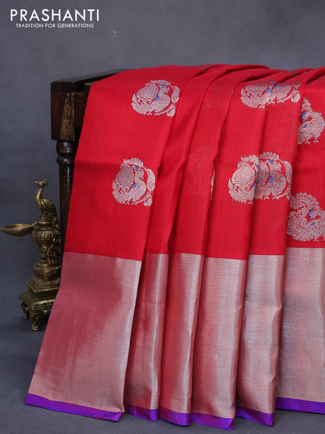 Venkatagiri silk saree red and blue with silver zari woven annam buttas and long silver zari woven border