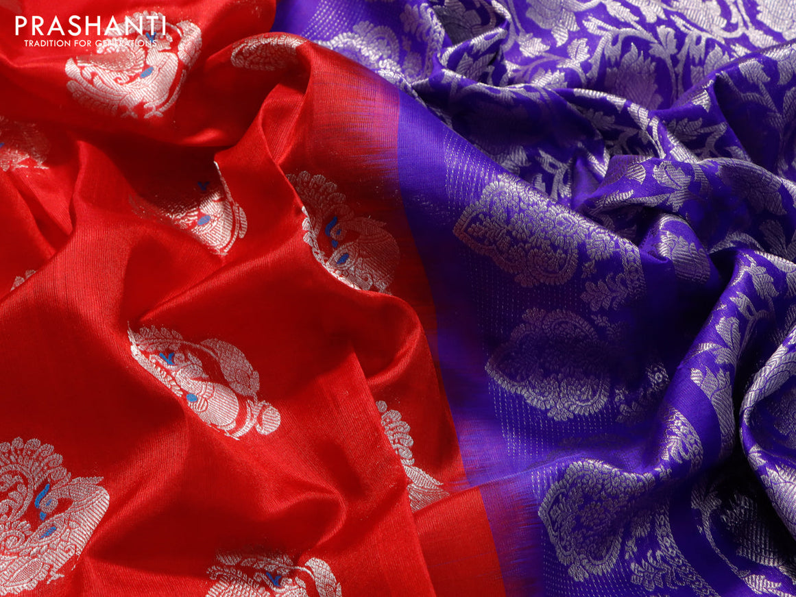 Venkatagiri silk saree red and blue with silver zari woven annam buttas and long silver zari woven border