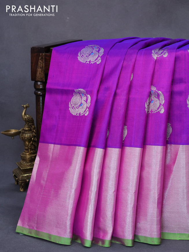 Venkatagiri silk saree purple and parrot green with silver zari woven annam buttas and long silver zari woven border
