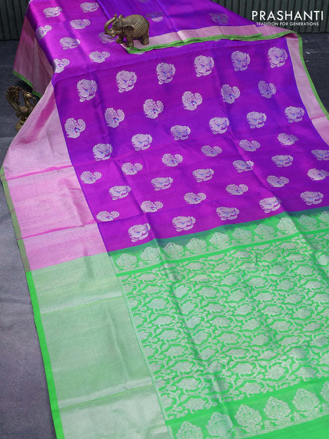 Venkatagiri silk saree purple and parrot green with silver zari woven annam buttas and long silver zari woven border