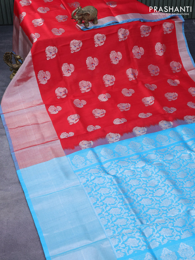 Venkatagiri silk saree red and light blue with silver zari woven annam buttas and long silver zari woven border
