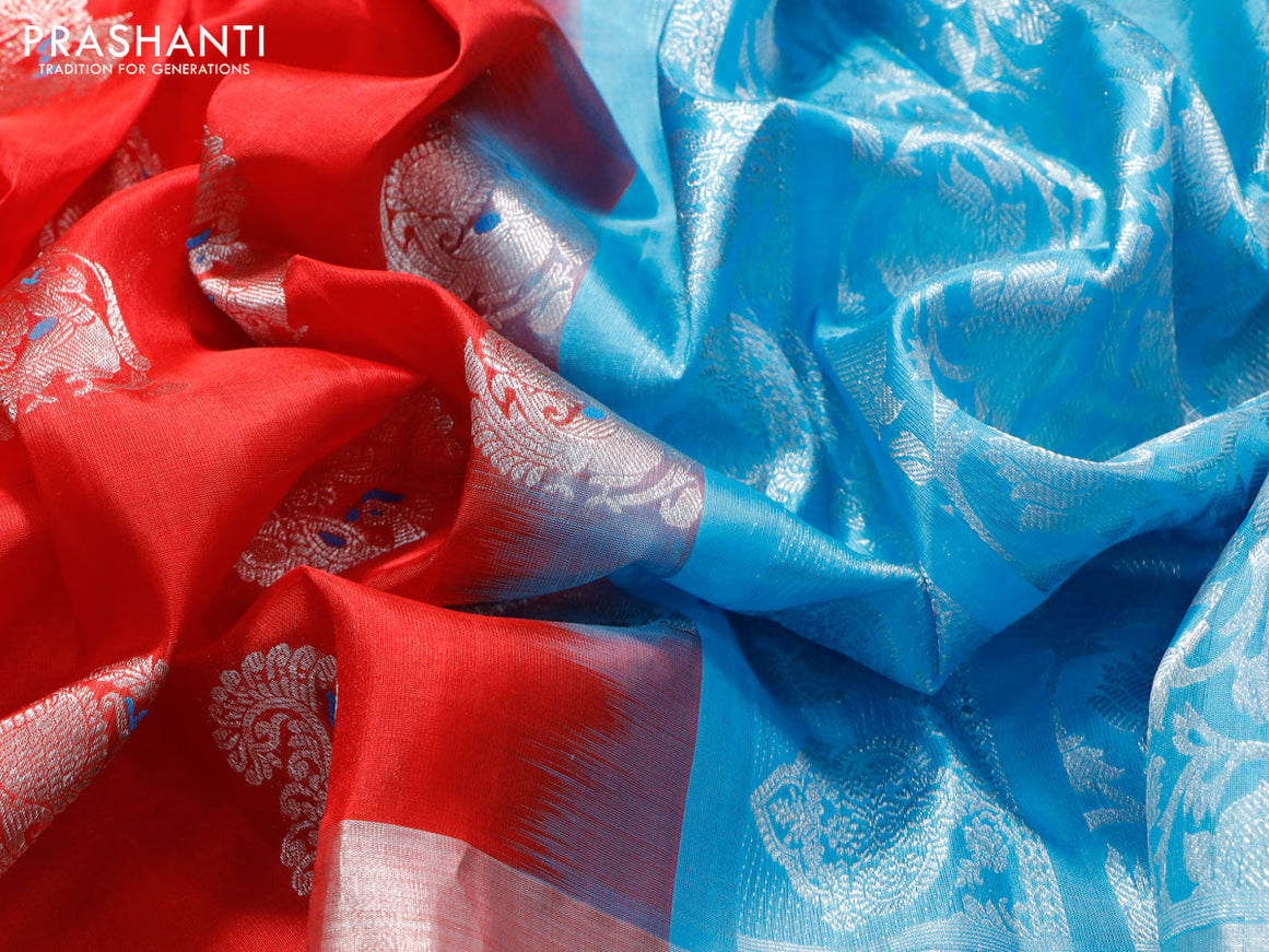 Venkatagiri silk saree red and light blue with silver zari woven annam buttas and long silver zari woven border