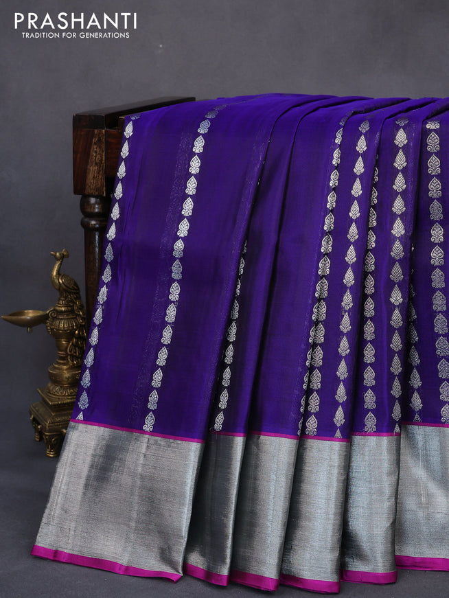 Venkatagiri silk saree dark blue and pink with allover silver zari weaves and silver zari woven border