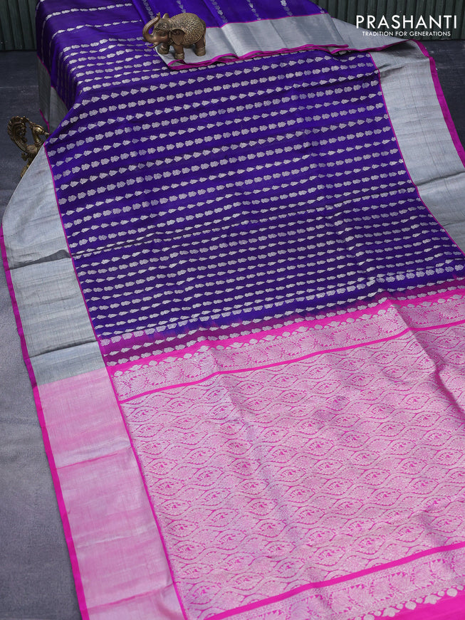 Venkatagiri silk saree dark blue and pink with allover silver zari weaves and silver zari woven border