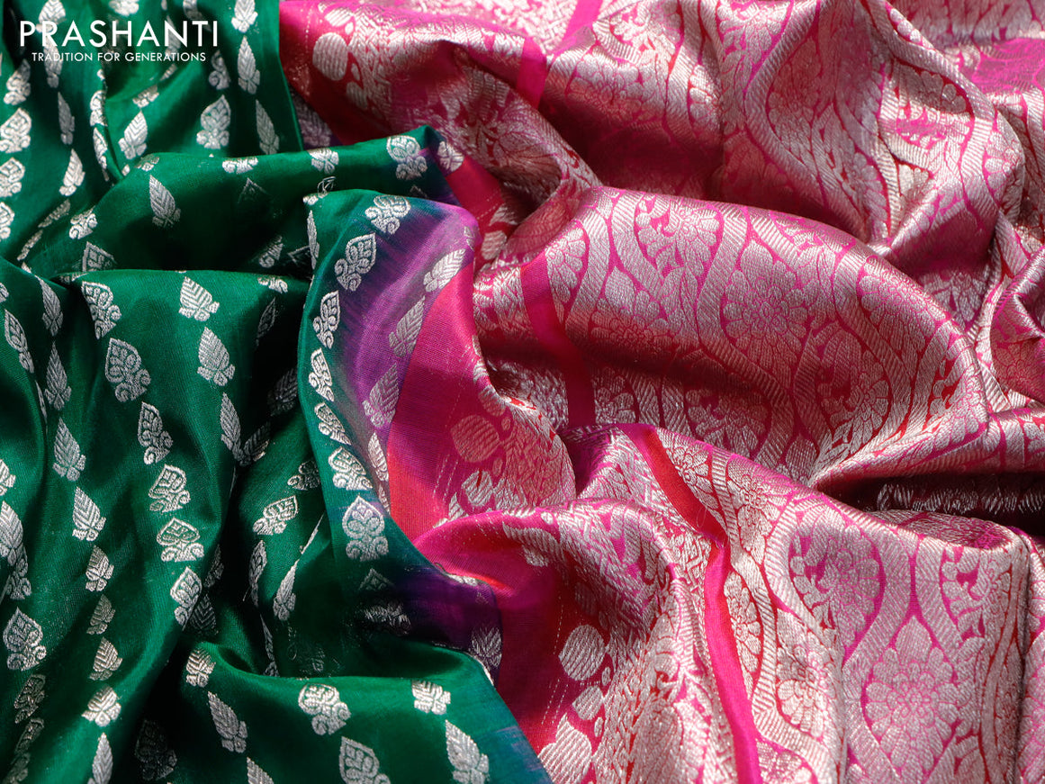 Venkatagiri silk saree green and pink with allover silver zari weaves and silver zari woven border