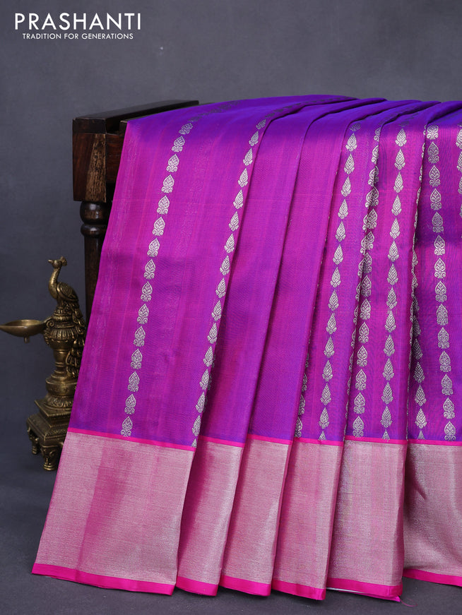 Venkatagiri silk saree dual shade of purple and pink with allover silver zari weaves and silver zari woven border