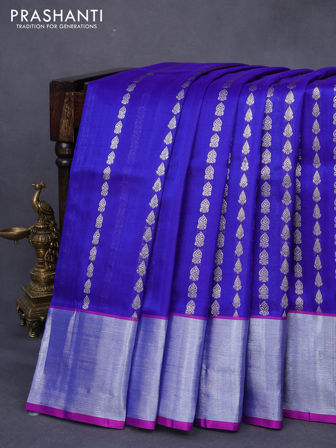 Venkatagiri silk saree royal blue and pink with allover silver zari weaves and silver zari woven border