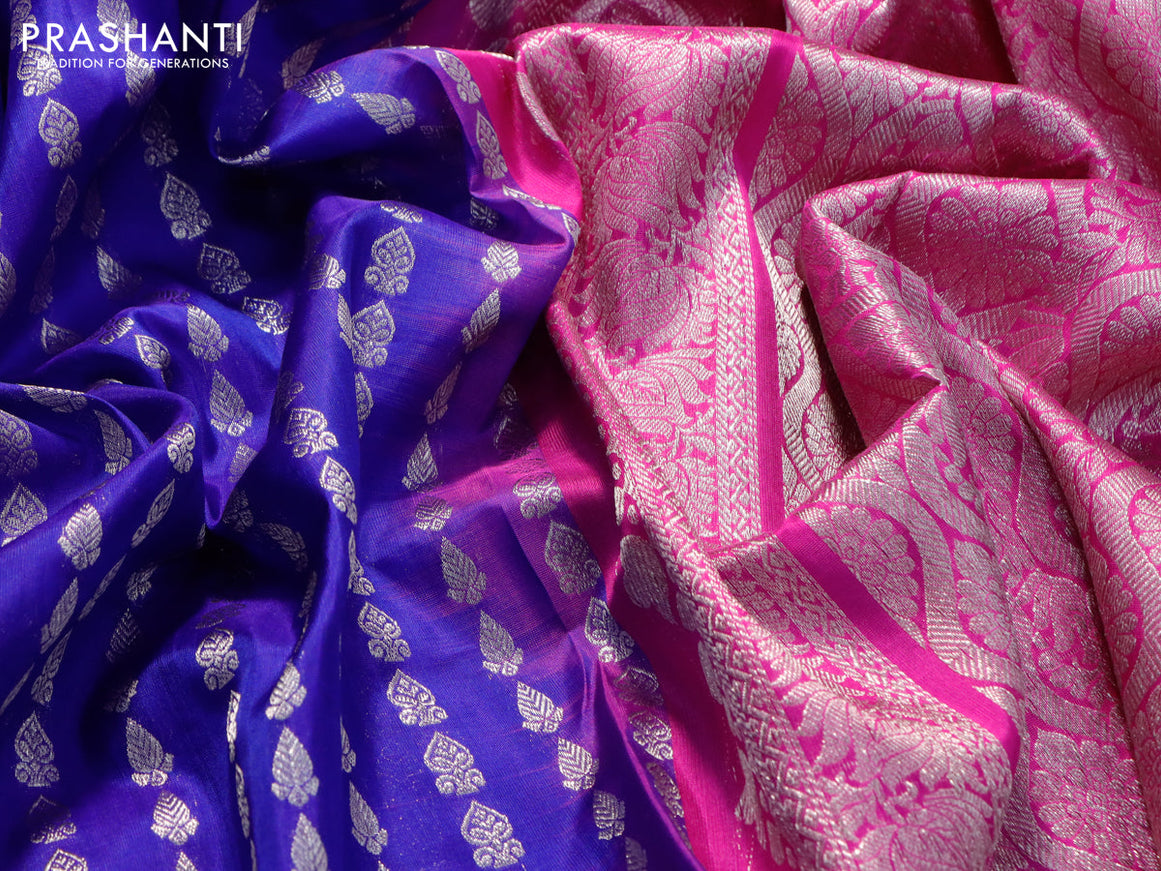 Venkatagiri silk saree royal blue and pink with allover silver zari weaves and silver zari woven border