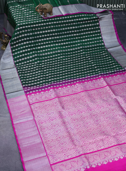 Venkatagiri silk saree dark green and pink with allover silver zari weaves and silver zari woven border