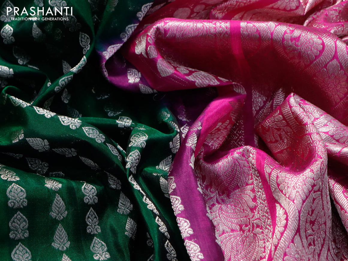 Venkatagiri silk saree dark green and pink with allover silver zari weaves and silver zari woven border